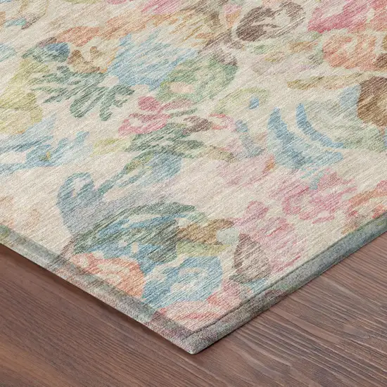 Pink And Tan Floral Washable Indoor Outdoor Area Rug Photo 5