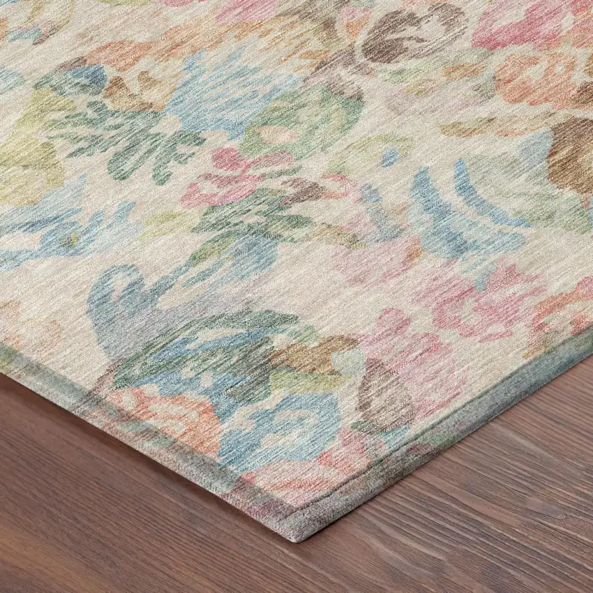 Pink And Tan Floral Washable Indoor Outdoor Area Rug Photo 5