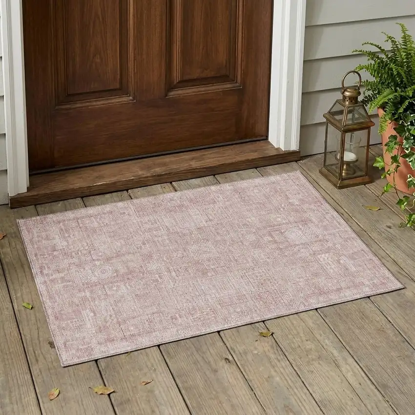 Pink And Tan Oriental Washable Indoor Outdoor Area Rug Photo 1