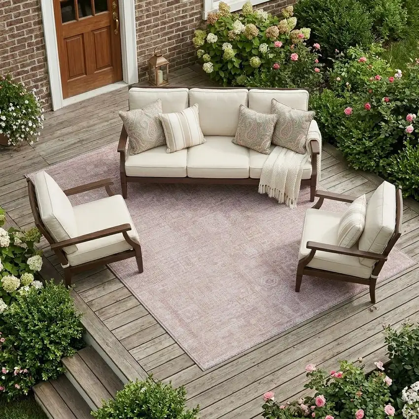 Pink And Tan Oriental Washable Indoor Outdoor Area Rug Photo 1