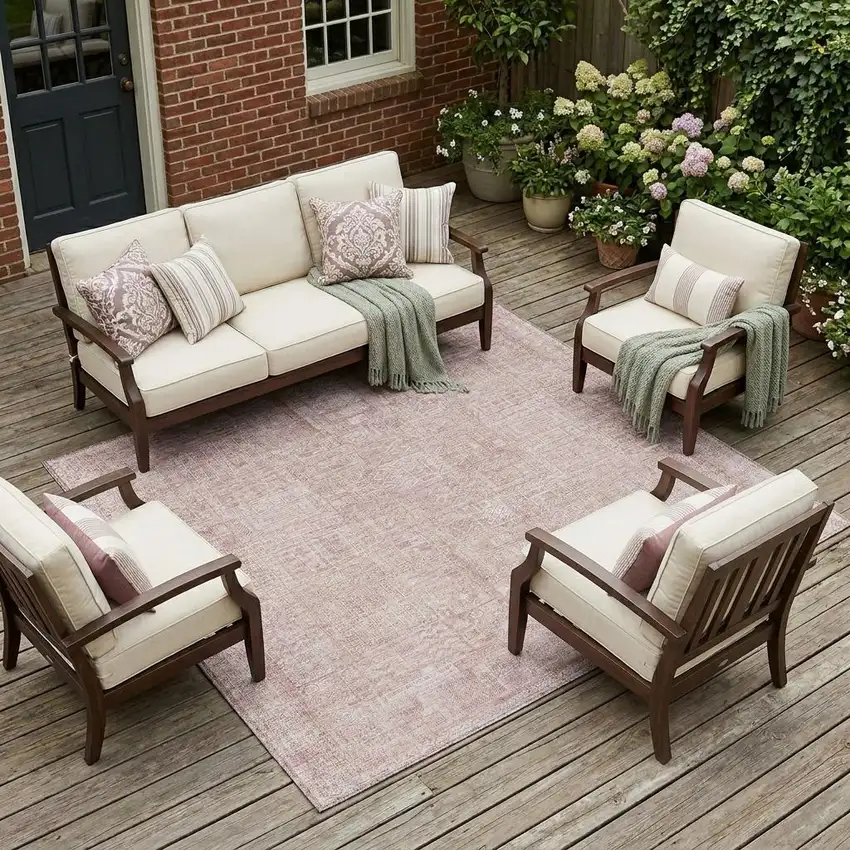 Pink And Tan Oriental Washable Indoor Outdoor Area Rug Photo 1