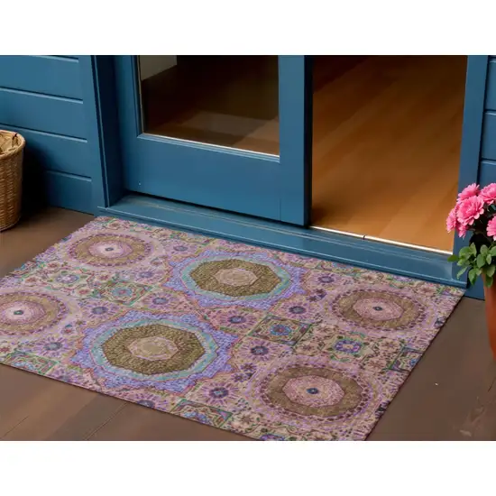 Pink And Teal Blue Medallion Washable Indoor Outdoor Area Rug Photo 2