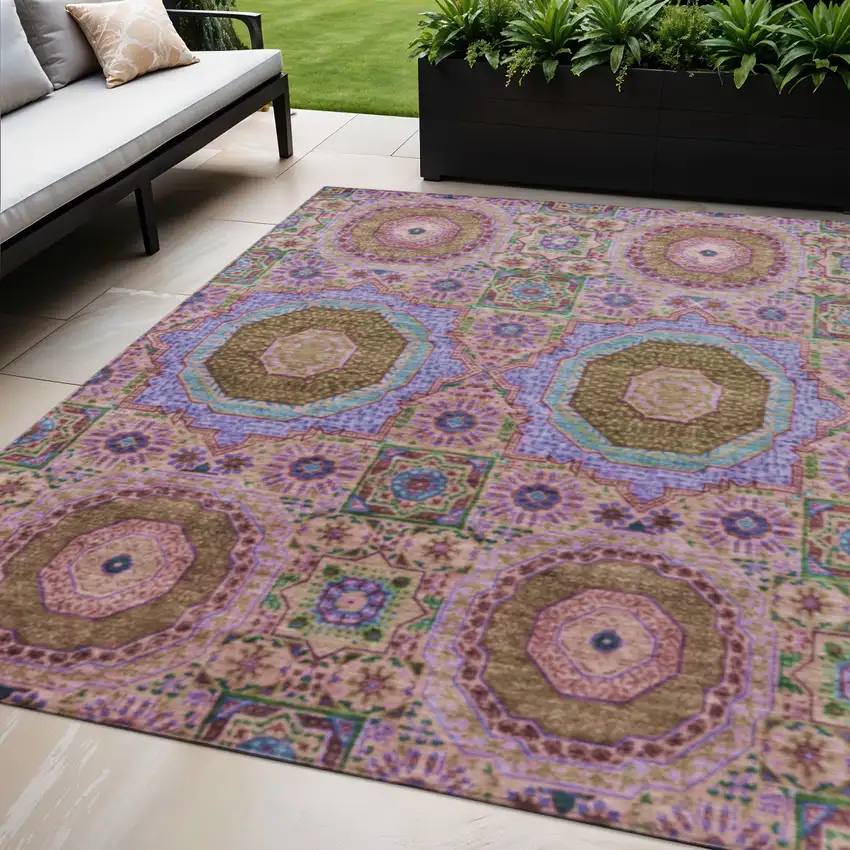 Pink And Teal Blue Medallion Washable Indoor Outdoor Area Rug Photo 2