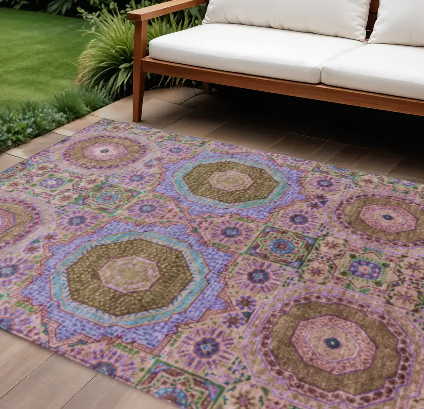 Pink And Teal Blue Medallion Washable Indoor Outdoor Area Rug Photo 2