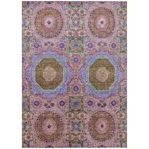 Photo of Pink And Teal Blue Medallion Washable Indoor Outdoor Area Rug