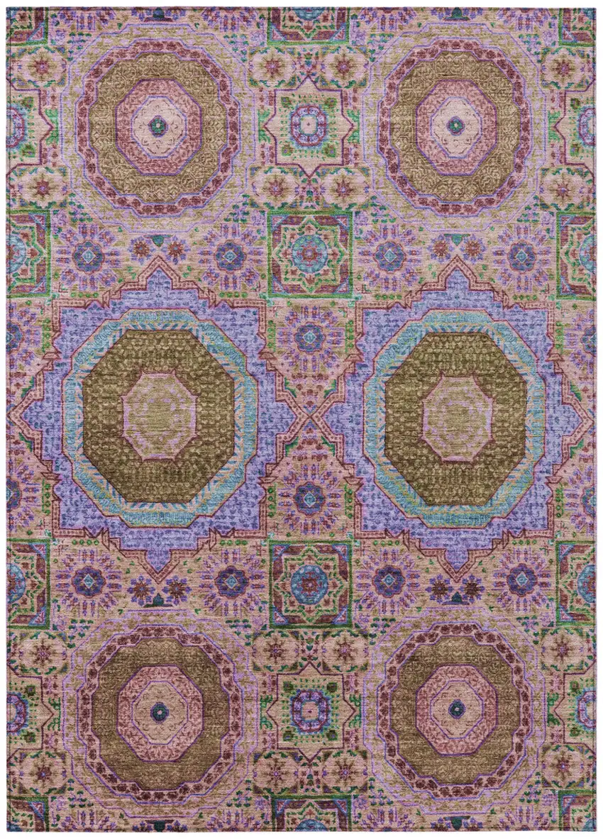 Pink And Teal Blue Medallion Washable Indoor Outdoor Area Rug Photo 1