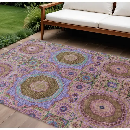 Pink And Teal Blue Medallion Washable Indoor Outdoor Area Rug Photo 2