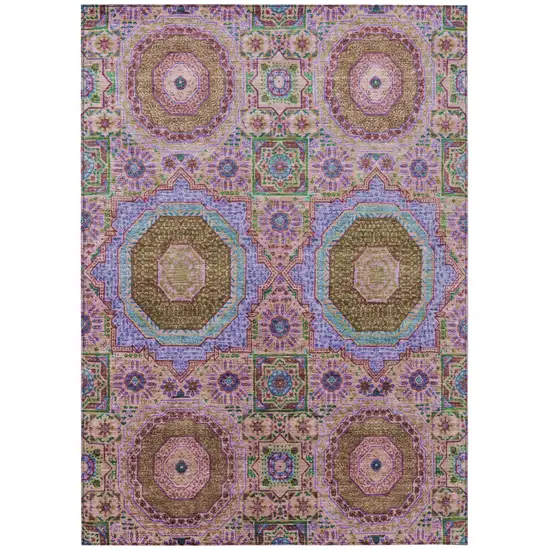 Pink And Teal Blue Medallion Washable Indoor Outdoor Area Rug Photo 1