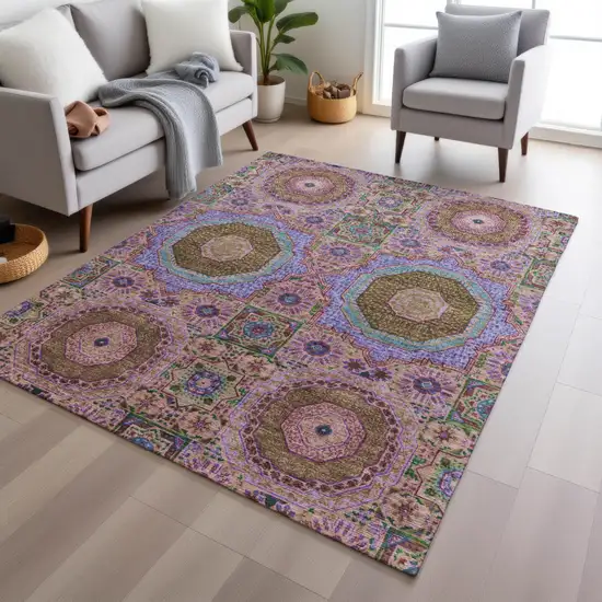 Pink And Teal Blue Medallion Washable Indoor Outdoor Area Rug Photo 6