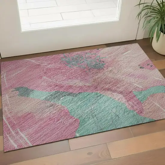 Pink And Teal Floral Washable Area Rug With UV Protection Photo 2
