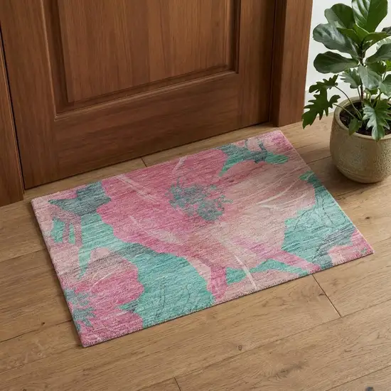 Pink And Teal Floral Washable Area Rug With UV Protection Photo 1