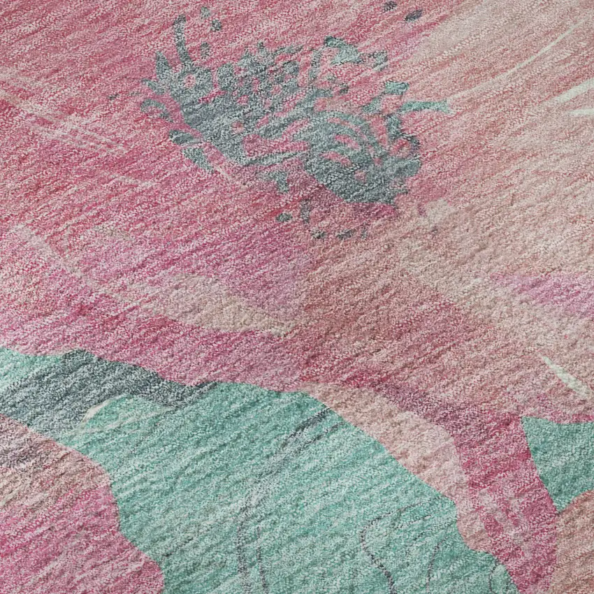 Pink And Teal Floral Washable Area Rug With UV Protection Photo 1