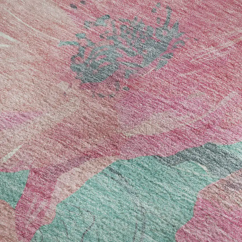 Pink And Teal Floral Washable Area Rug With UV Protection Photo 3