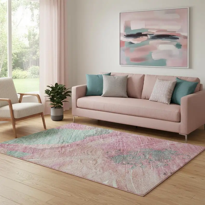 Pink And Teal Floral Washable Area Rug With UV Protection Photo 2