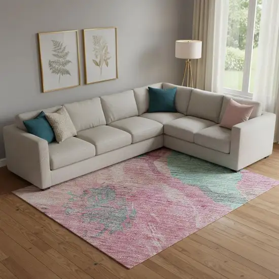 Pink And Teal Floral Washable Area Rug With UV Protection Photo 2
