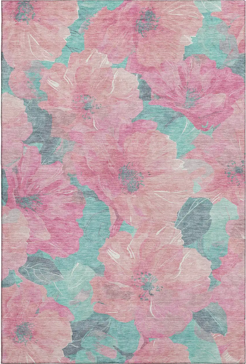 Pink And Teal Floral Washable Area Rug With UV Protection Photo 5