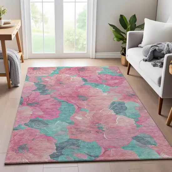 Pink And Teal Floral Washable Area Rug With UV Protection Photo 4