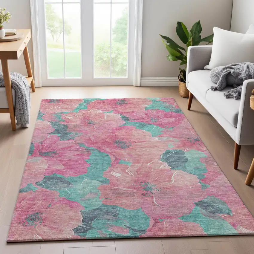Pink And Teal Floral Washable Area Rug With UV Protection Photo 4