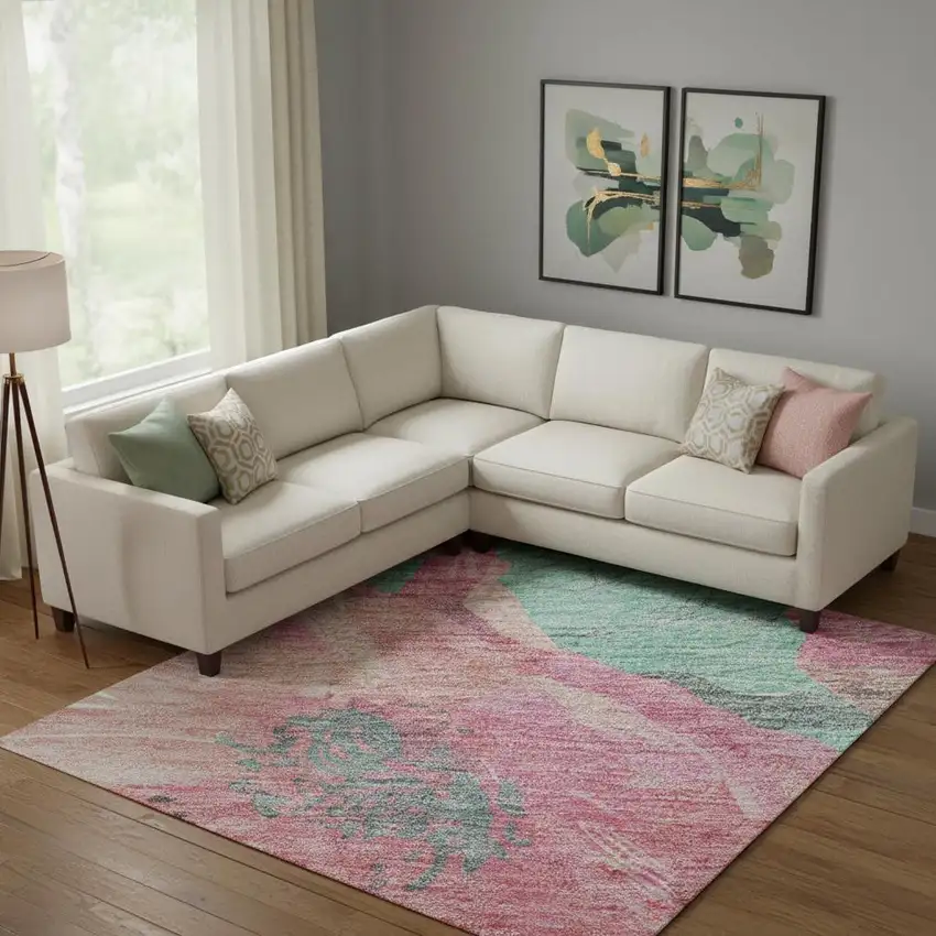 Pink And Teal Floral Washable Area Rug With UV Protection Photo 2