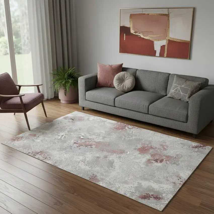 Gray Ivory And Pink Abstract Distressed Area Rug Photo 1