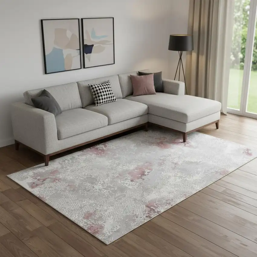 Gray Ivory And Pink Abstract Distressed Area Rug Photo 1