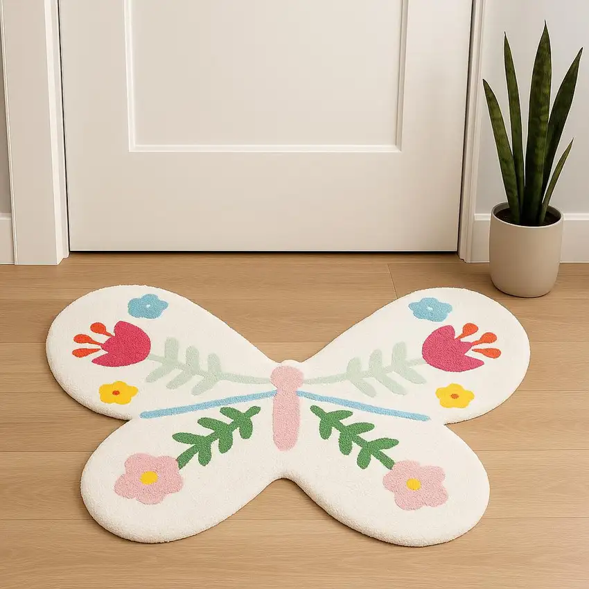 Pink And White Butterfly Youthful Hand Knotted Washable Area Rug Photo 2