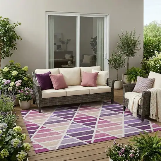 Pink And White Geometric Washable Indoor Outdoor Area Rug Photo 1