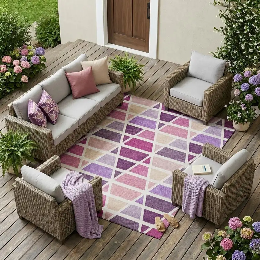 Pink And White Geometric Washable Indoor Outdoor Area Rug Photo 1