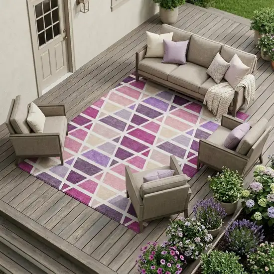 Pink And White Geometric Washable Indoor Outdoor Area Rug Photo 1