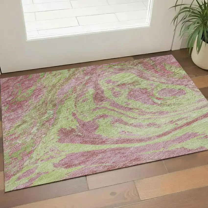 Pink Artichoke Green And Ivory Abstract Washable Area Rug With UV Protection Photo 2