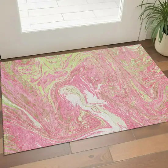 Pink Artichoke Green And Ivory Abstract Washable Area Rug With UV Protection Photo 1
