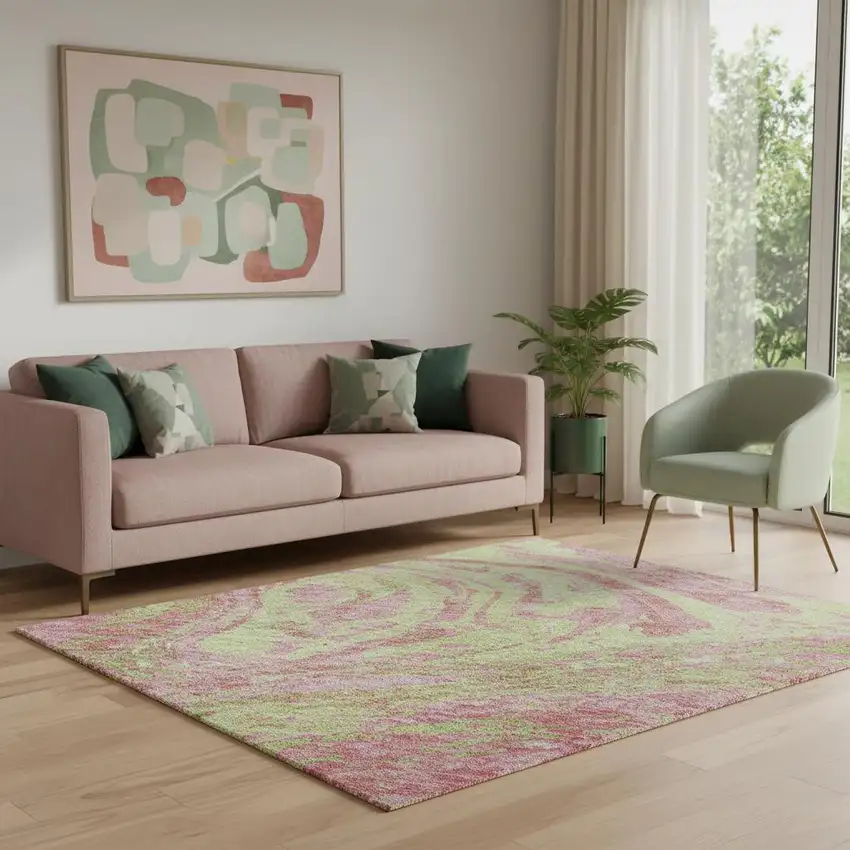 Pink Artichoke Green And Ivory Abstract Washable Area Rug With UV Protection Photo 2
