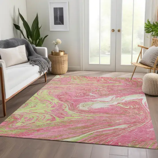 Pink Artichoke Green And Ivory Abstract Washable Area Rug With UV Protection Photo 4