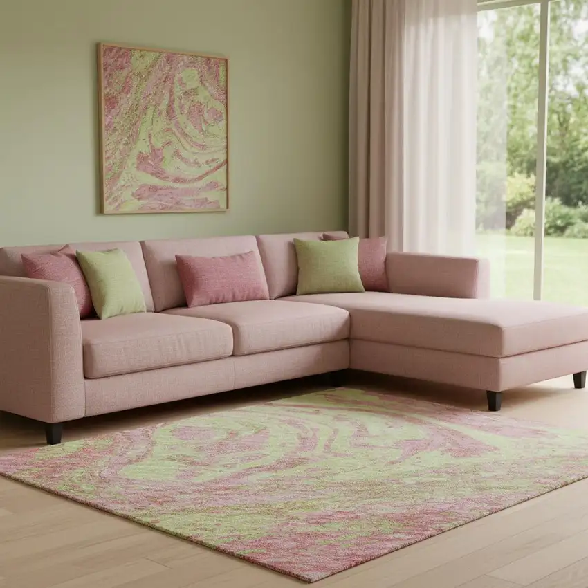 Pink Artichoke Green And Ivory Abstract Washable Area Rug With UV Protection Photo 2