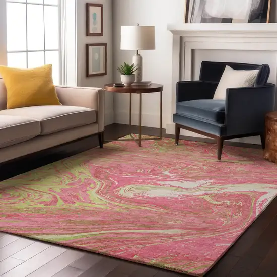 Pink Artichoke Green And Ivory Abstract Washable Area Rug With UV Protection Photo 2