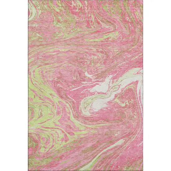 Pink Artichoke Green And Ivory Abstract Washable Area Rug With UV Protection Photo 4
