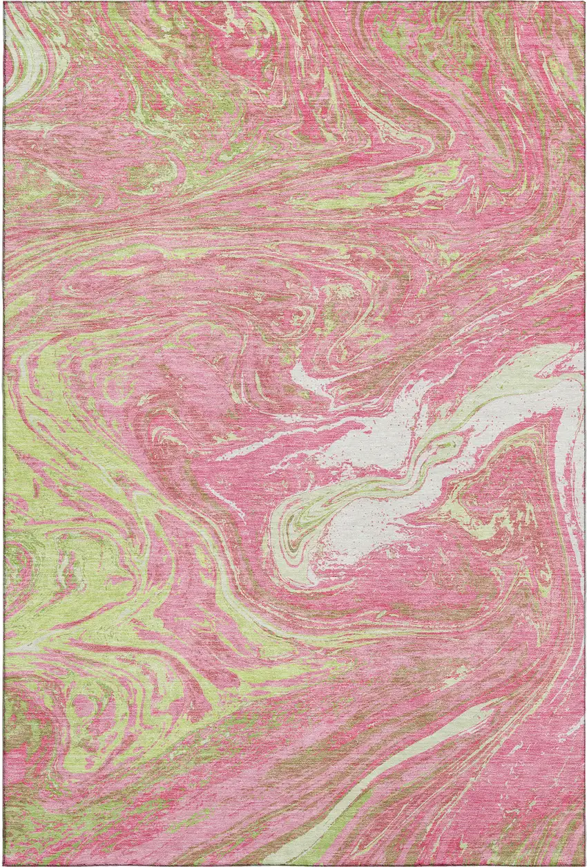 Pink Artichoke Green And Ivory Abstract Washable Area Rug With UV Protection Photo 4