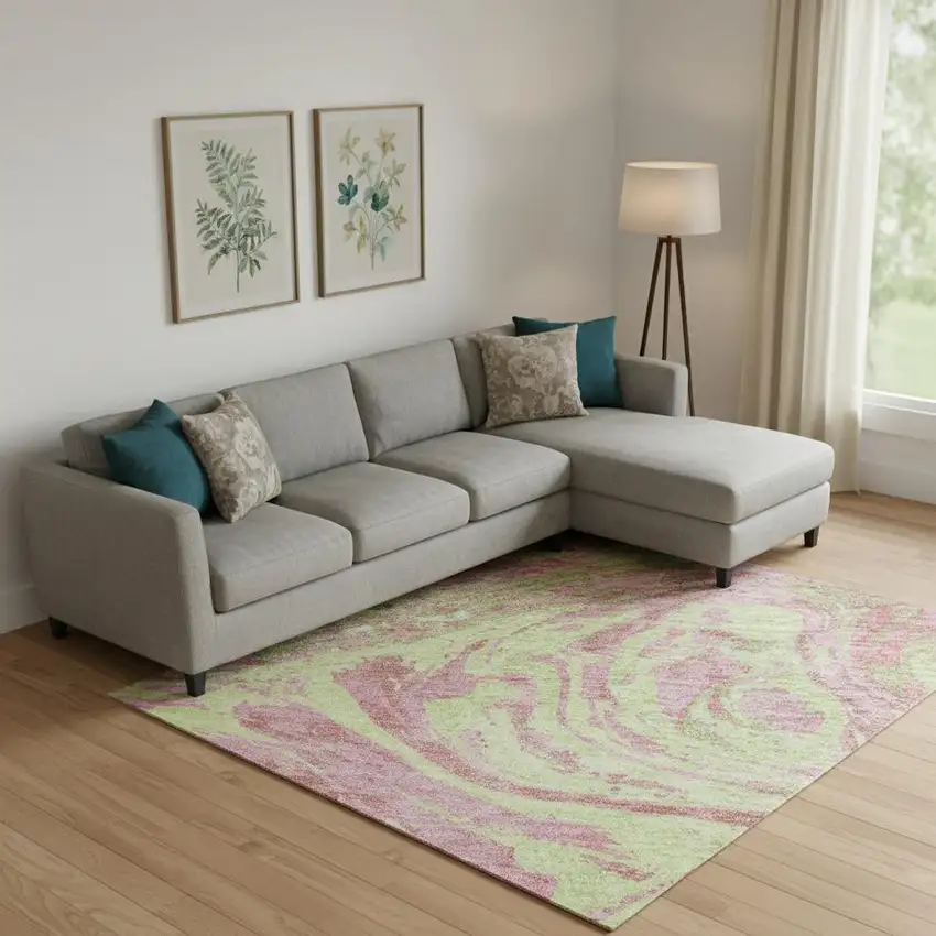 Pink Artichoke Green And Ivory Abstract Washable Area Rug With UV Protection Photo 2
