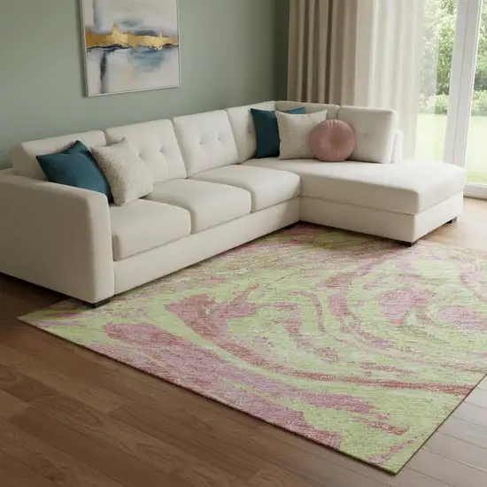 Pink Artichoke Green And Ivory Abstract Washable Area Rug With UV Protection Photo 2