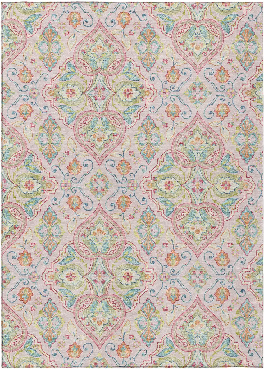 Pink Artichoke Green And Orange Ogee Washable Indoor Outdoor Area Rug Photo 1