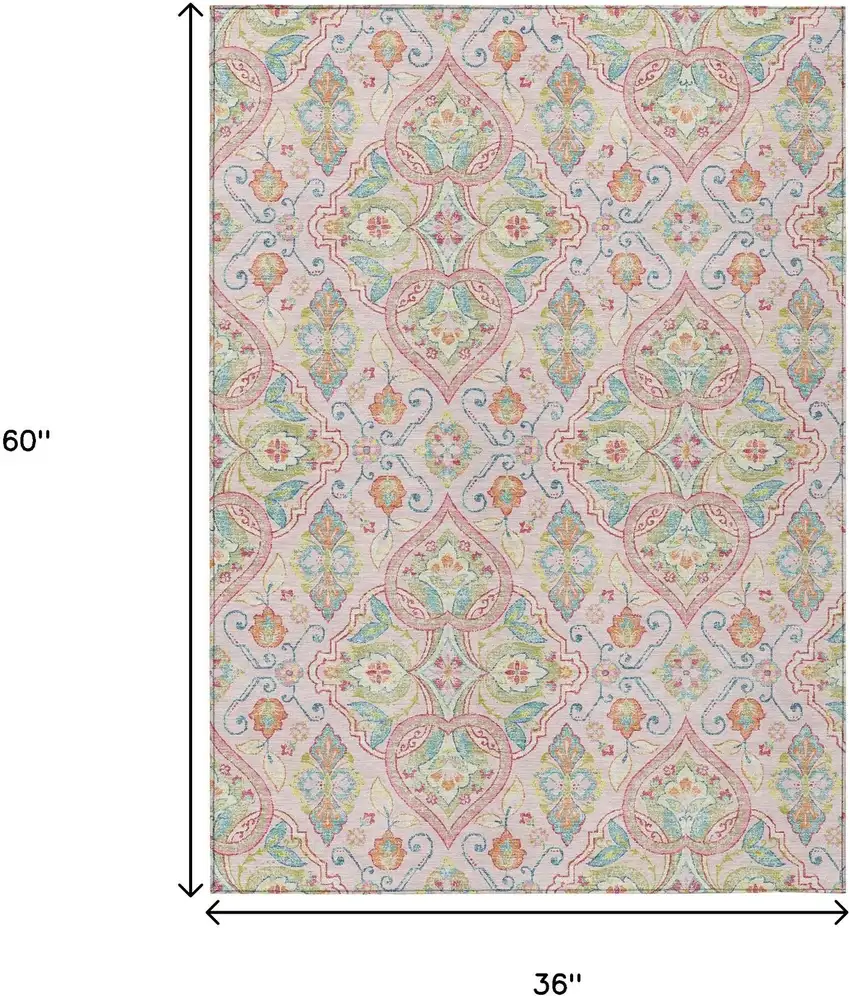 Pink Artichoke Green And Orange Ogee Washable Indoor Outdoor Area Rug Photo 9