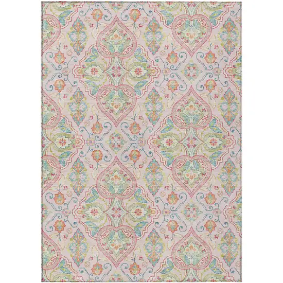 Pink Artichoke Green And Orange Ogee Washable Indoor Outdoor Area Rug Photo 1