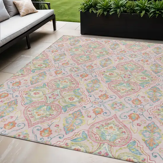 Pink Artichoke Green And Orange Ogee Washable Indoor Outdoor Area Rug Photo 2