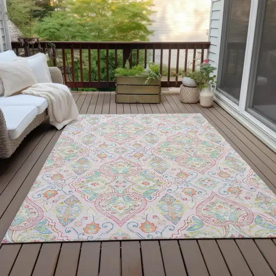 Pink Artichoke Green And Orange Ogee Washable Indoor Outdoor Area Rug Photo 6