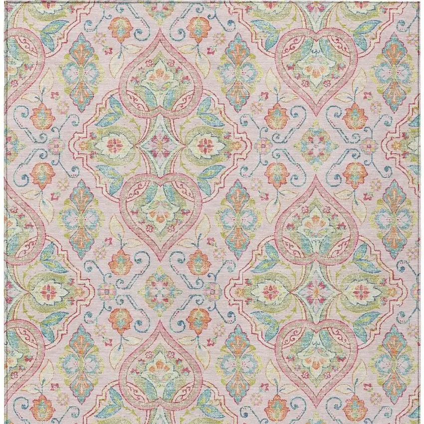 Pink Artichoke Green And Orange Ogee Washable Indoor Outdoor Area Rug Photo 4