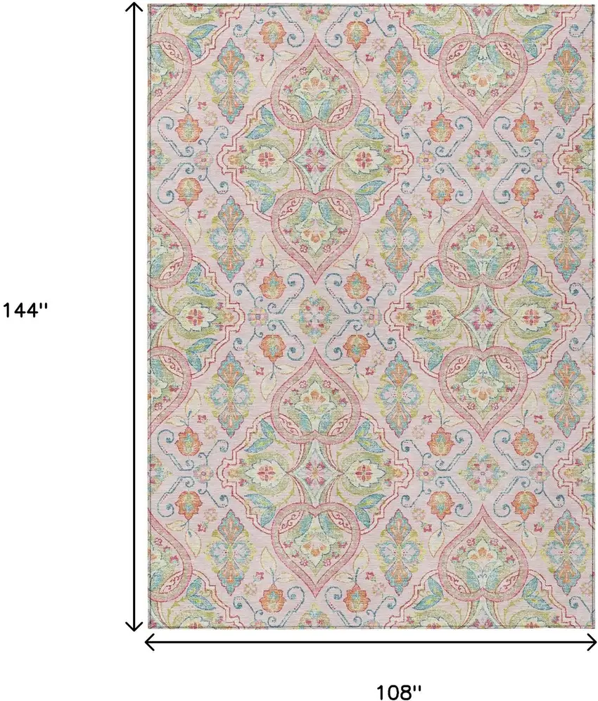 Pink Artichoke Green And Orange Ogee Washable Indoor Outdoor Area Rug Photo 9