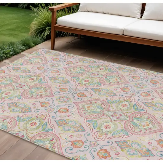 Pink Artichoke Green And Orange Ogee Washable Indoor Outdoor Area Rug Photo 2