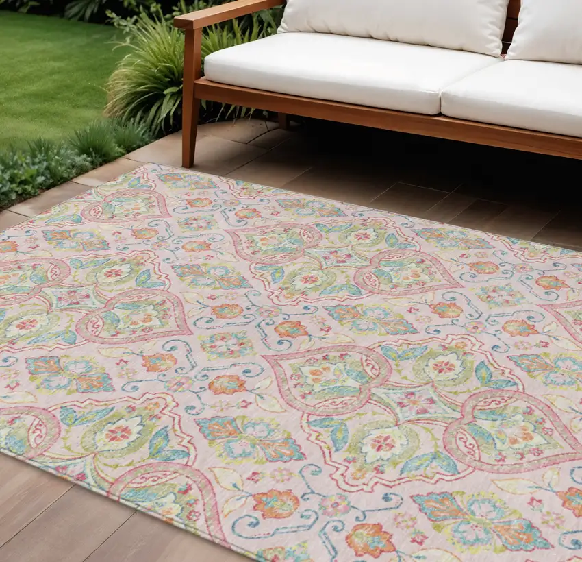 Pink Artichoke Green And Orange Ogee Washable Indoor Outdoor Area Rug Photo 2