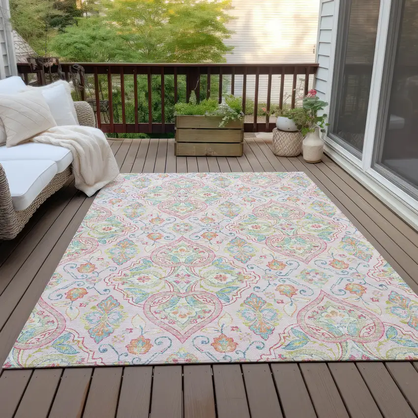 Pink Artichoke Green And Orange Ogee Washable Indoor Outdoor Area Rug Photo 5