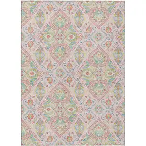 Photo of Pink Artichoke Green And Orange Ogee Washable Indoor Outdoor Area Rug